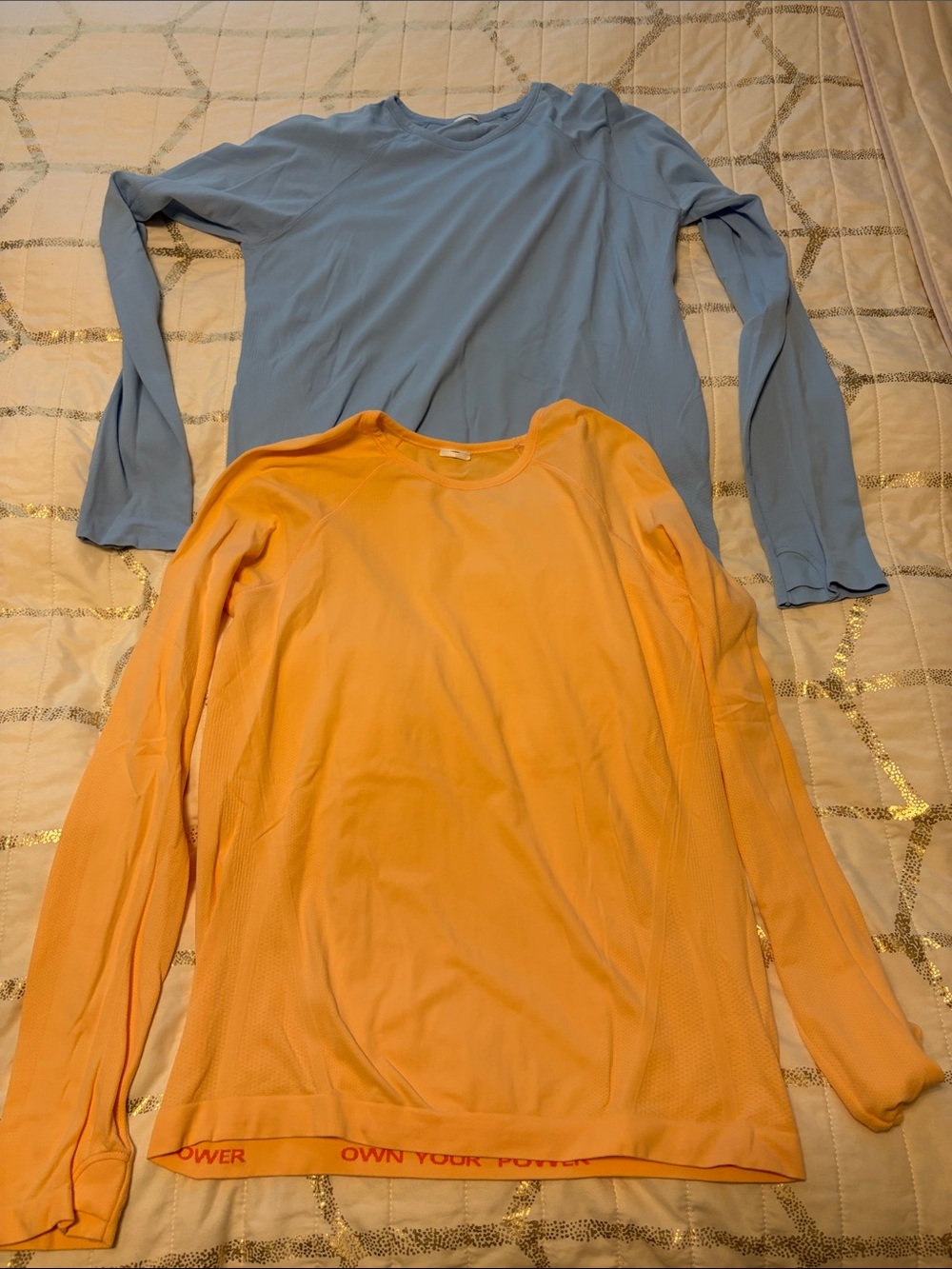 Athleta Long-Sleeve Active Tops — Light Blue & Peach-Orange
